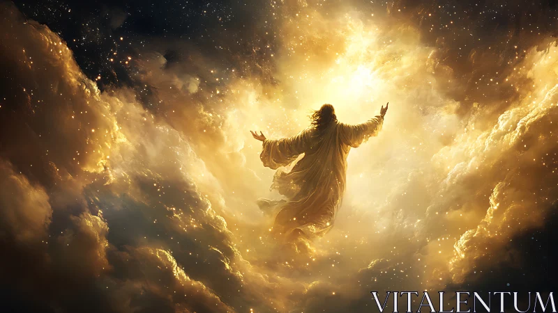 Radiant celestial figure ascending through storms of golden light.