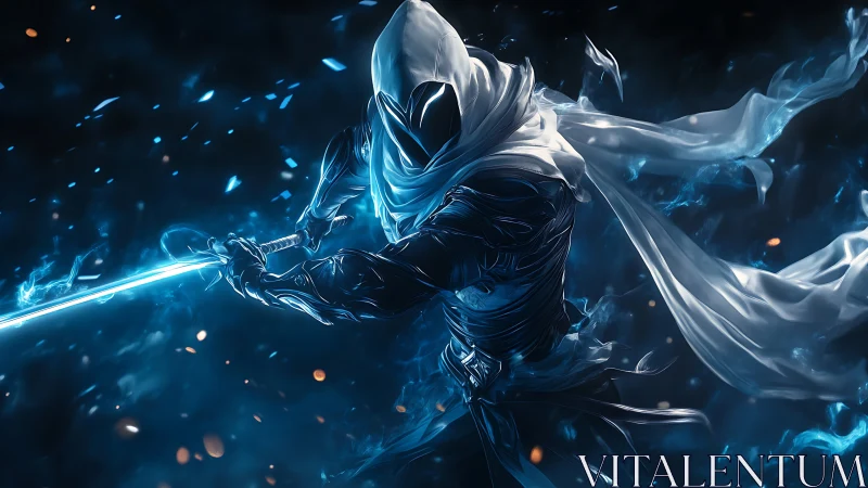 Hooded spectral swordsman cleaves through swirling blue energy