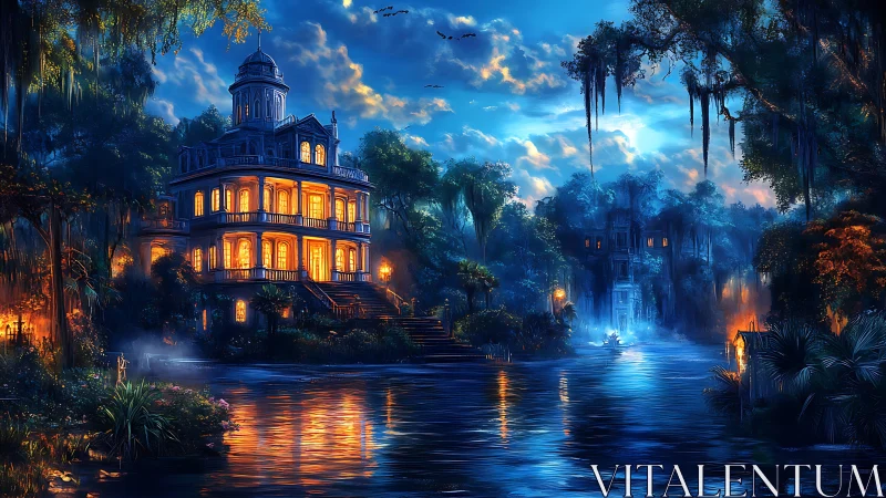 Luminous riverfront mansion glows through misty bayou night.