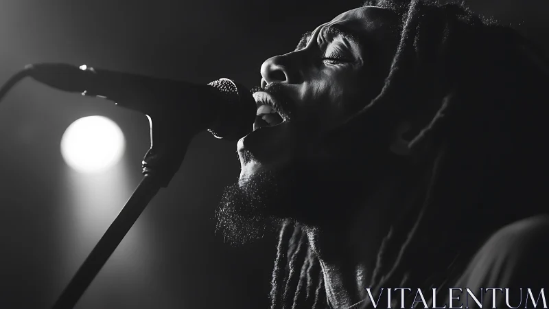 Monochrome profile study of vocalist at stage microphone.