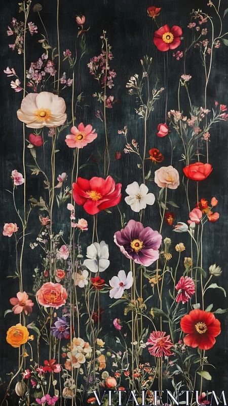 Garden Symphony: Floral Composition Against Dark Textured Ground.