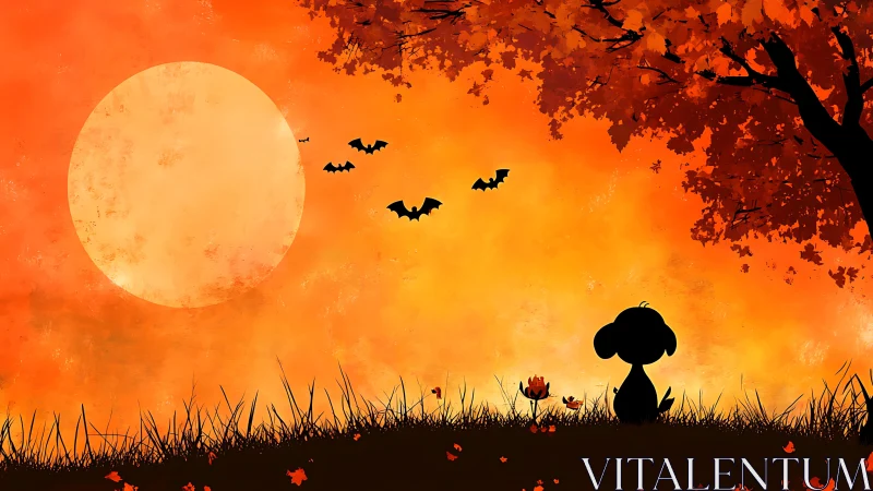 Silhouetted puppy watching bats under orange autumn sunset