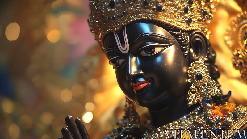 Close-up shows ornate black statue with detailed gold adornments