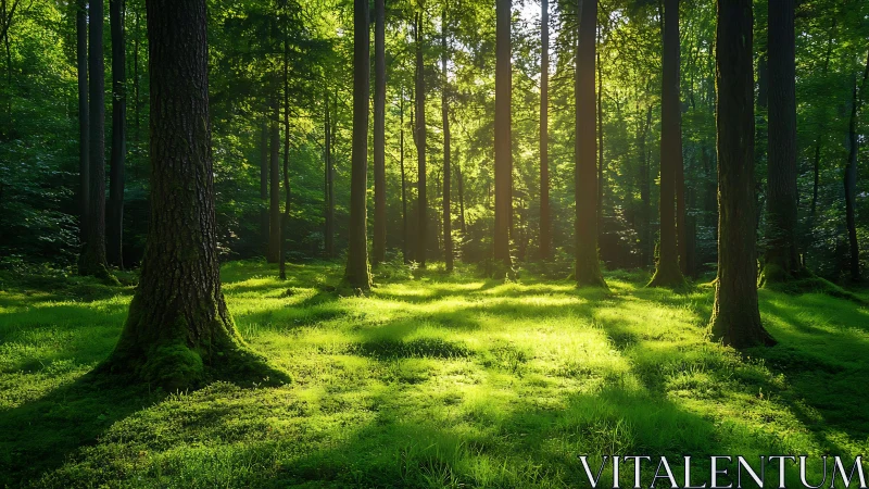 Sunlit Forest Clearing with Tall Trees and Lush Green Moss.