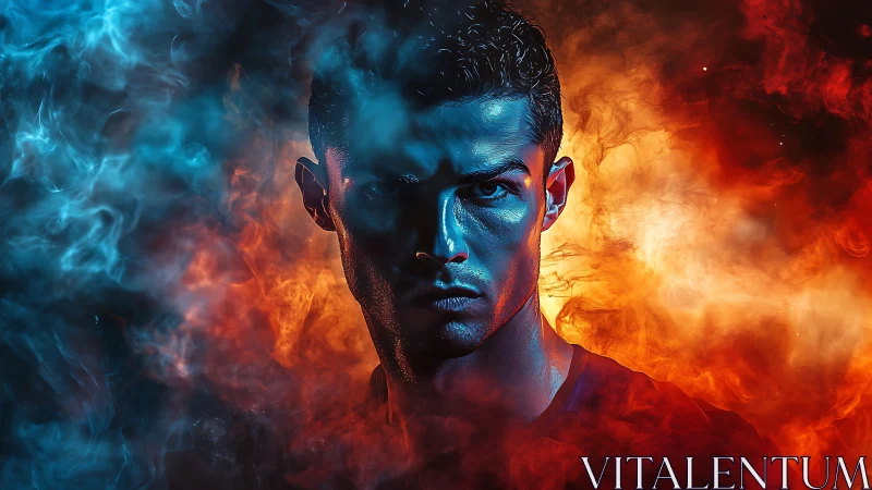 Dual-tone athlete portrait with cinematic fire and smoke lighting.