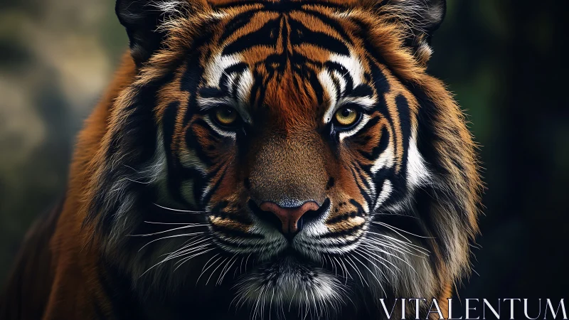 Tiger portrait shows intense gaze with rich fur detail