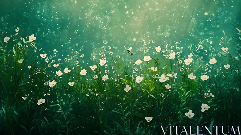 Pastoral Botanical Study: Cream Flowers Against Emerald Field.