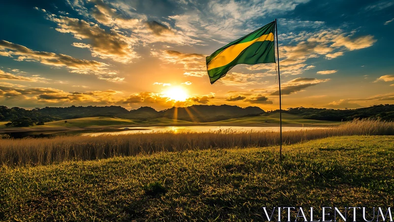 Country flag ripples above sunlit lakeside golf fairway at dusk