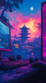 Gaming desk overlooks neon stylized sunset pagoda scene
