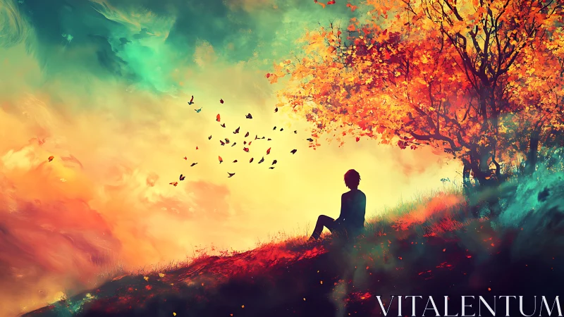 Silhouette under chromatic autumn tree in atmospheric gradient field.