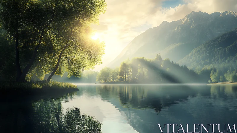 Sunlit mountain lake reflects misty forest and trees