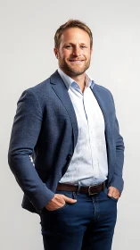 Portrait of adult male in blue suit against plain backdrop.