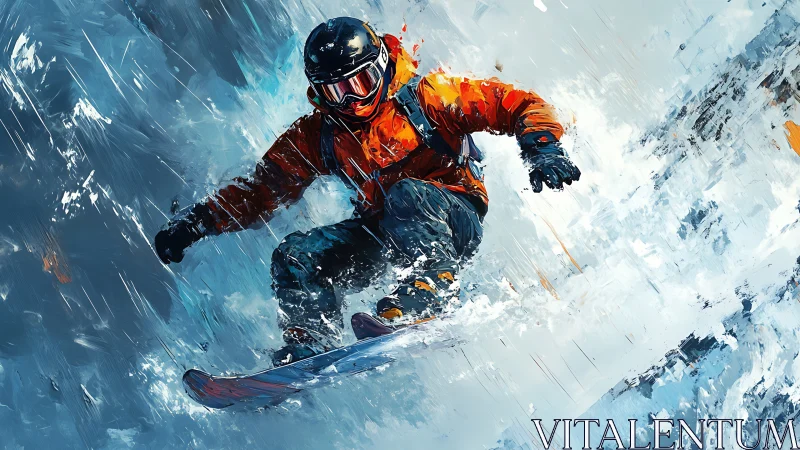 Dynamic snowboard descent in expressive digital painting style.