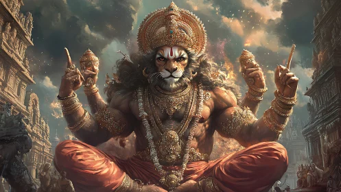 Divine lion-headed warrior meditating amid burning temples.