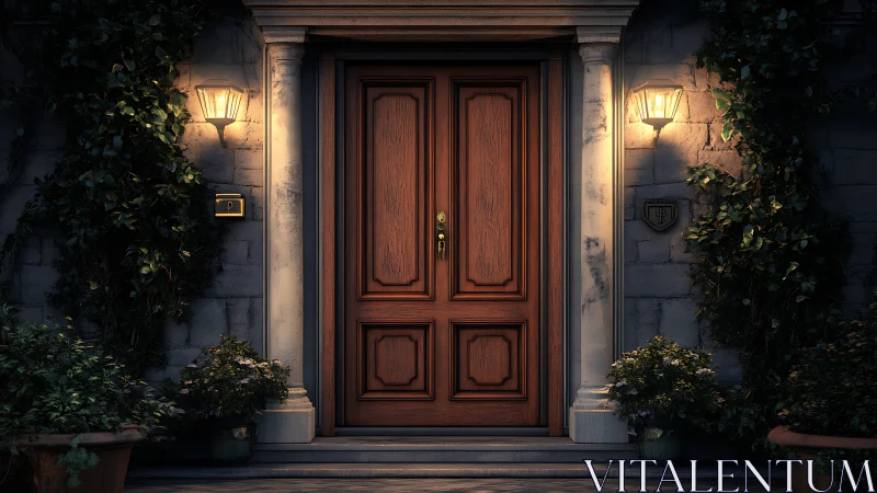 Elegant wooden entry door glows under warm porch lighting