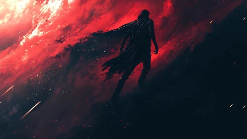 Silhouetted cloaked figure against red cosmic backdrop.