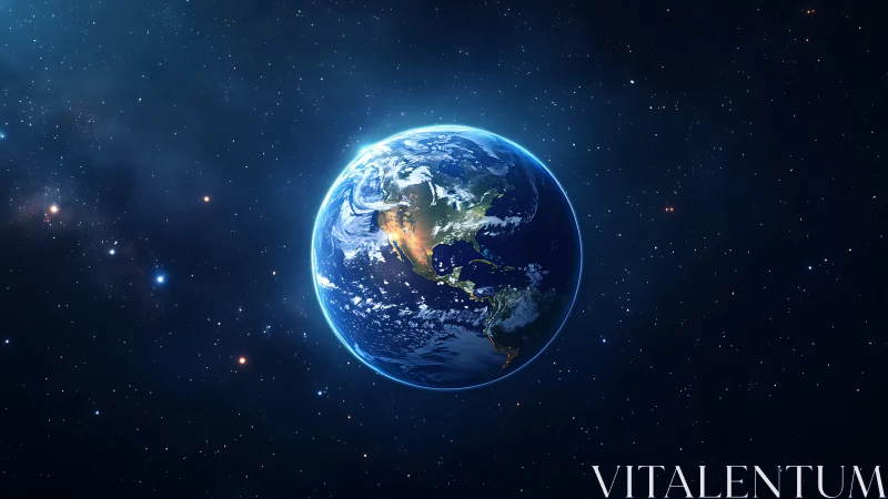 Earth illuminated over starfield in deep space panorama.