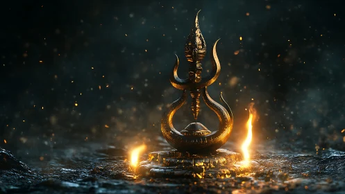 Golden ritual emblem glows amid flames and falling embers.