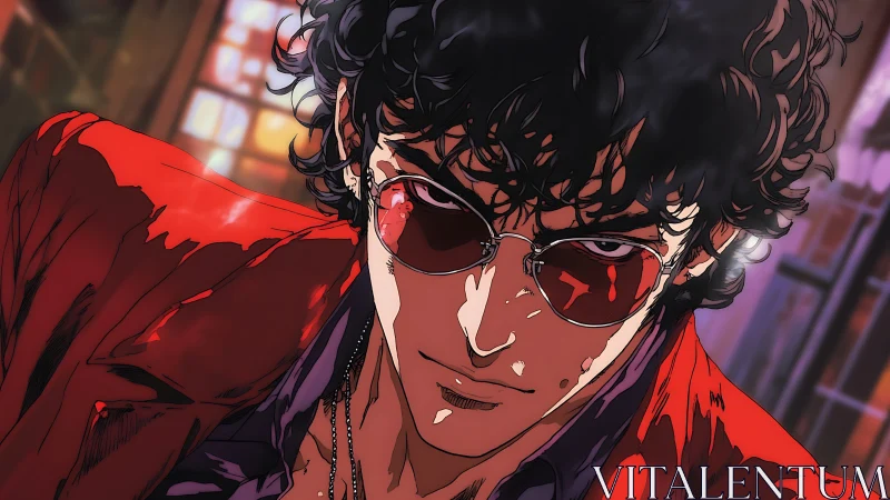 Crimson‑coated nightwalker leans into neon‑slick suspicion