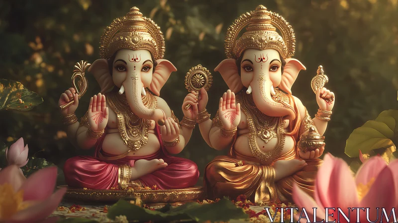Twin Ganesha idols with ornate gold detail in garden setting.