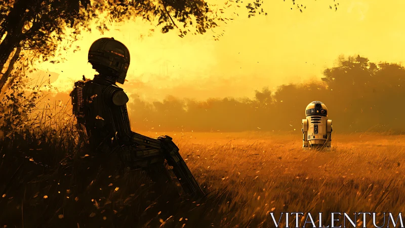 Sunset droids trade quiet secrets in a golden meadow hush.
