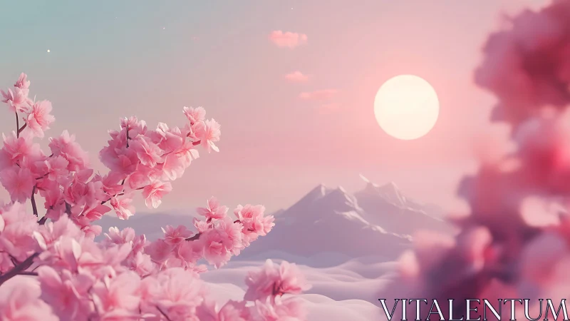 Dreamy cherry blossoms glowing in a rosy sunset sky.