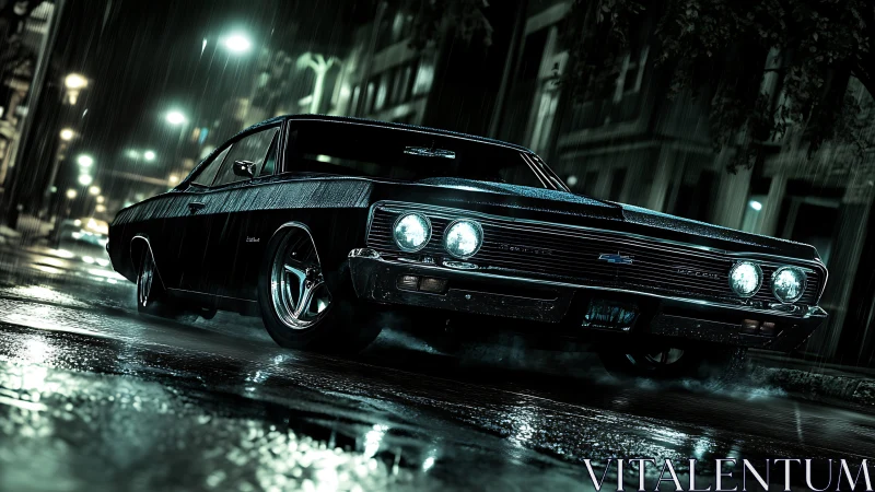 Classic black muscle car parked on wet city street at night.