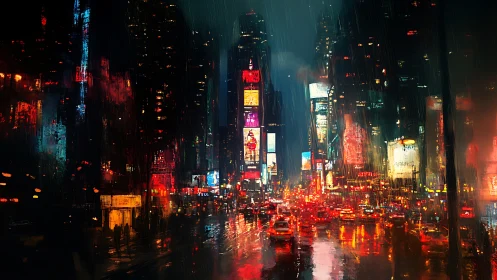 Neon rain over midnight city streets in vivid abstraction.