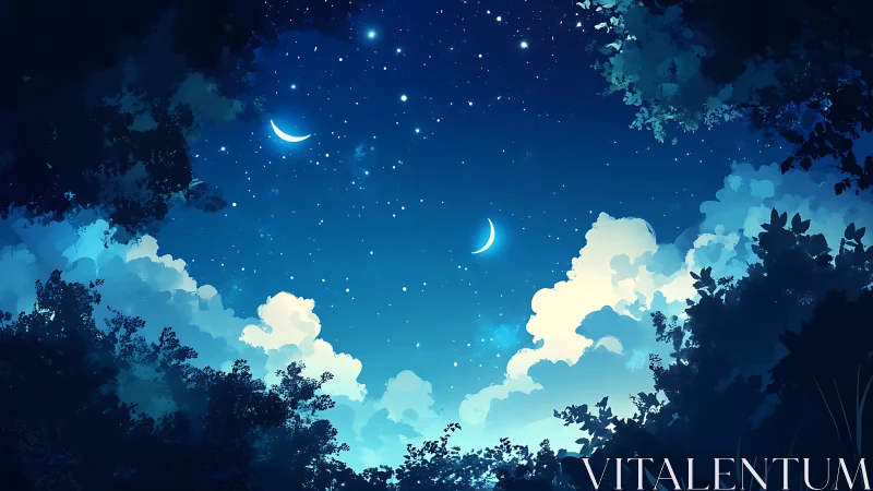 Dual crescent moons illuminate stylized nocturnal forest sky