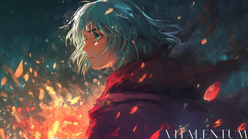 Side profile anime figure by fire with floating embers.