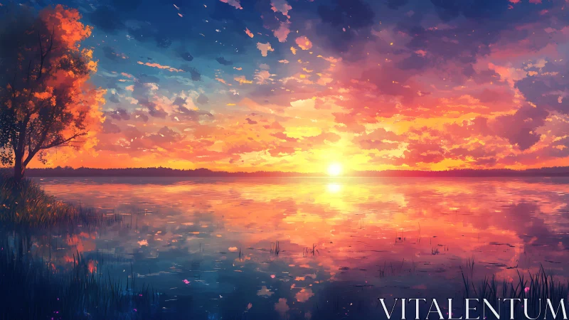 Sunlit horizon ignites a tranquil lake in vivid twilight hues