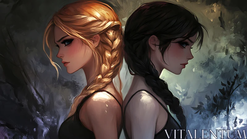 Two determined girls stand back to back in a moody forest glow