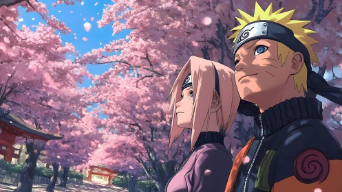 Springtime ninja walk under soft pink cherry blossoms