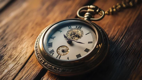 Golden pocket watch rests quietly on warm wooden boards