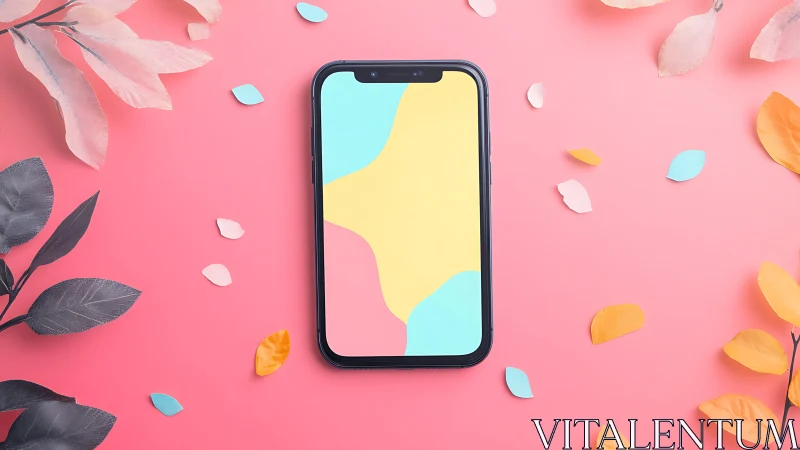 Smartphone lies centered on pink surface with scattered leaves