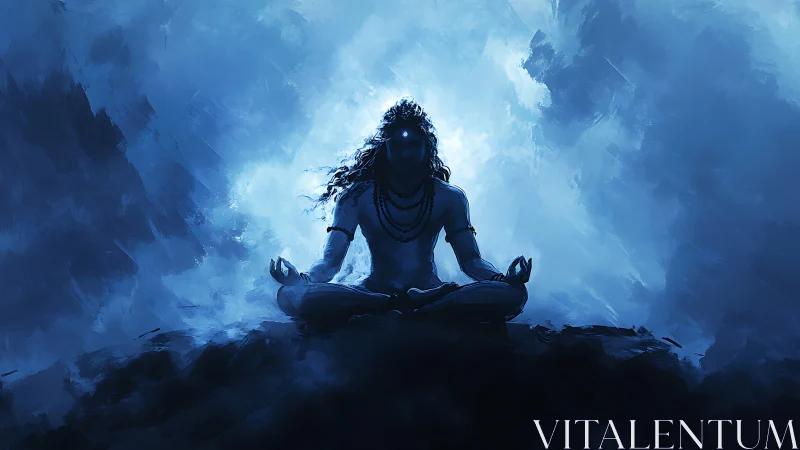 Meditative deity silhouette in luminous blue ethereal haze.