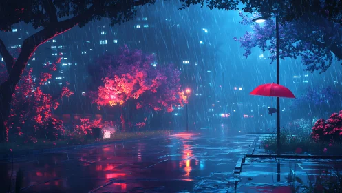 Rainy neon street glows softly under a bright red umbrella
