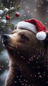 Photorealistic brown bear in Santa hat under snowfall closeup.