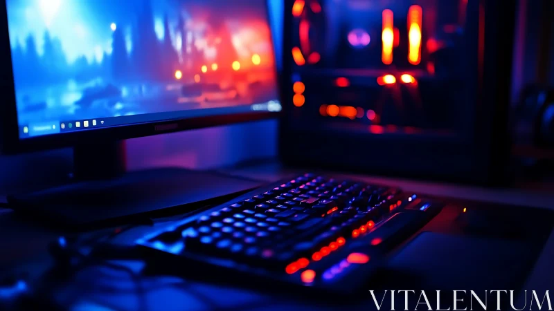 RGB gaming desktop setup with illuminated keyboard and PC case.