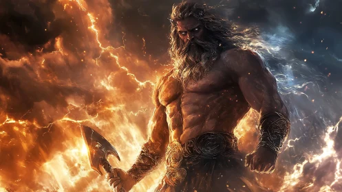 Storm-forged war god strides through fire-split heavens