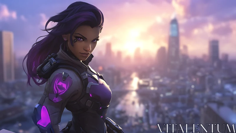 Fearless cyber heroine watches a neon city awaken at dawn