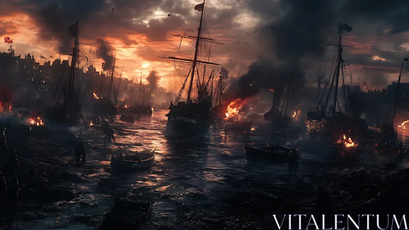 Harbor with burning ships under dense evening clouds.