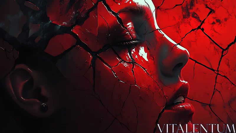 Fractured crimson visage with tectonic stress fissures rendered.