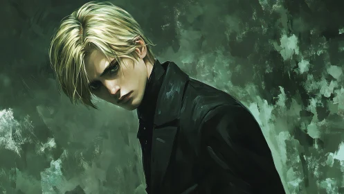 Moody digital portrait of blond youth in dark tailored coat