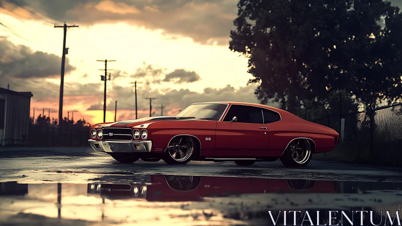 Red muscle car parked on wet pavement at sunset.
