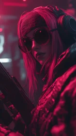 Cyberpunk woman with rifle under neon red lighting.