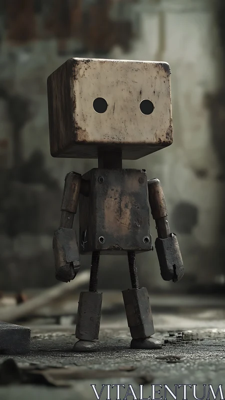Rusty little boxy robot standing hopeful in a quiet ruin.