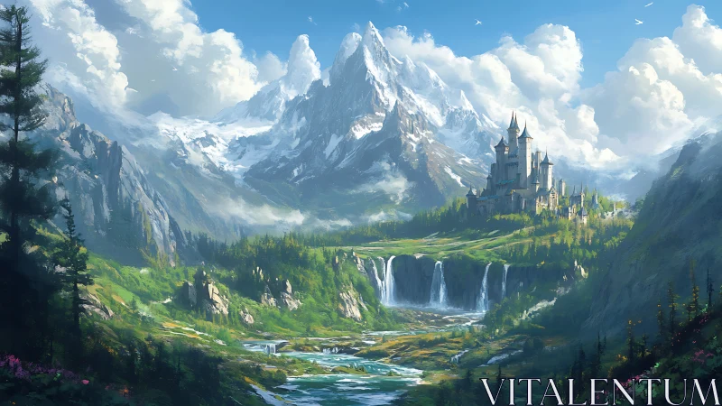 Majestic mountain castle rises above luminous waterfall valley