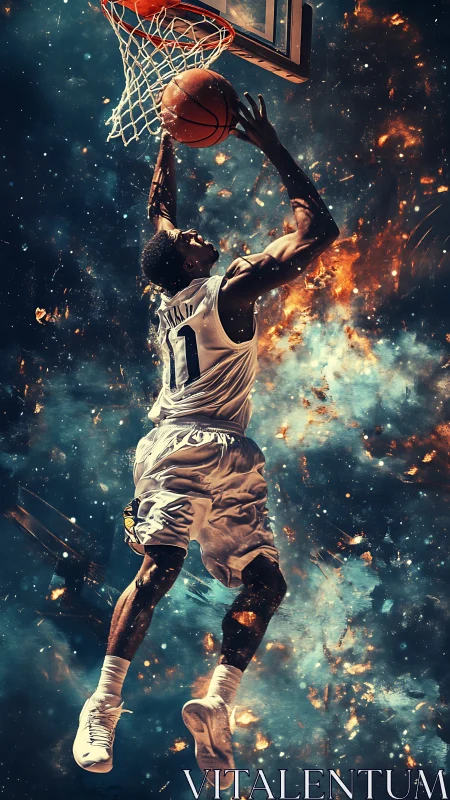 Dynamic basketball dunk rendered with cosmic particle effects and glow