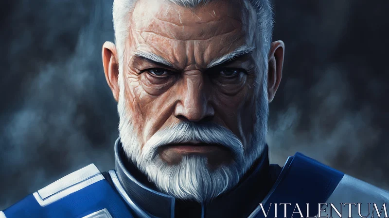 Hardened futuristic commander with silver beard portrait